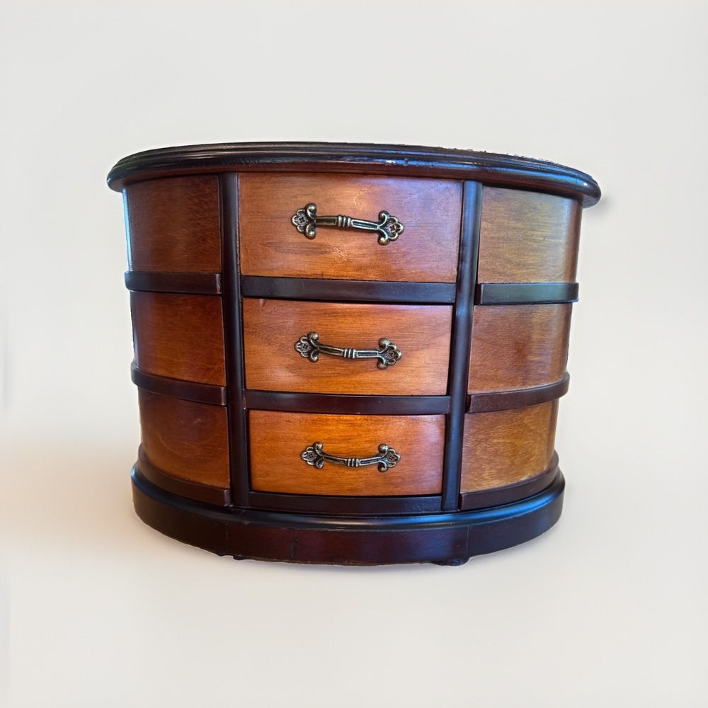Vintage Mele & Co. Walnut‎ Wooden Jewelry Box, Rotating Swivel Drawers & Mirror